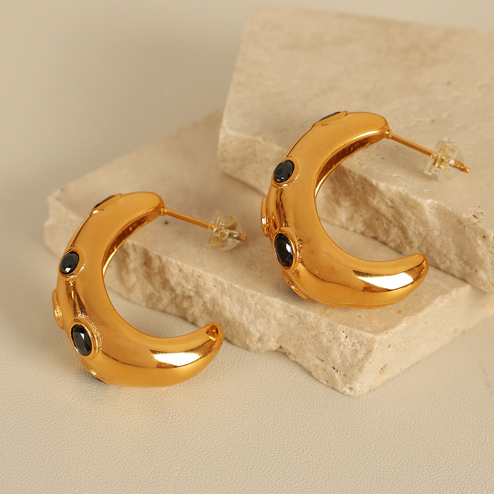 1 pair simple series classic geometric stainless steel  gold plated zircon women hoop earrings